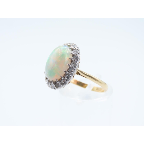 84 - 18 Carat Yellow Gold Opal and Diamond Cluster Ring Opal of Attractive Pin Fire Ring Size O Diamonds ... 