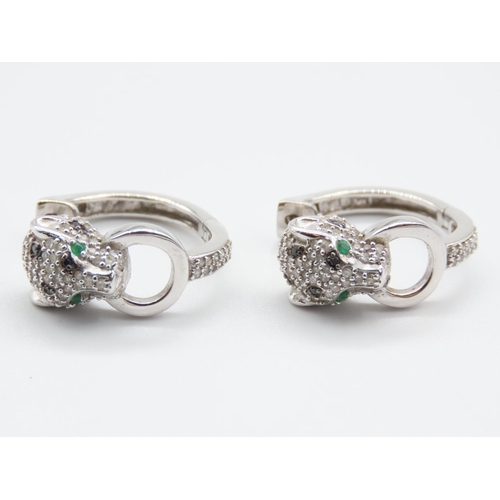 95 - Pair of 14 Carat White Gold Diamond Set Ladies Earrings Panther Motif Decoration Set with Emerald Ey... 