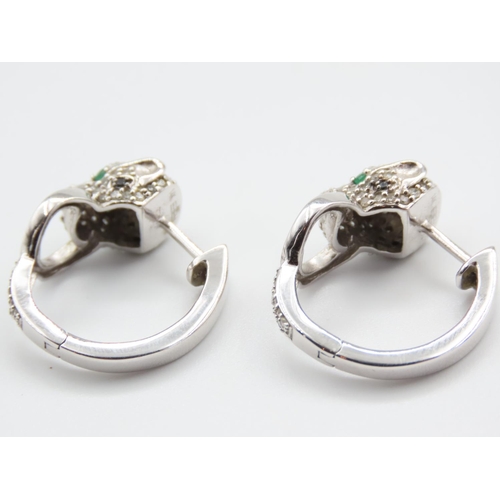 95 - Pair of 14 Carat White Gold Diamond Set Ladies Earrings Panther Motif Decoration Set with Emerald Ey... 