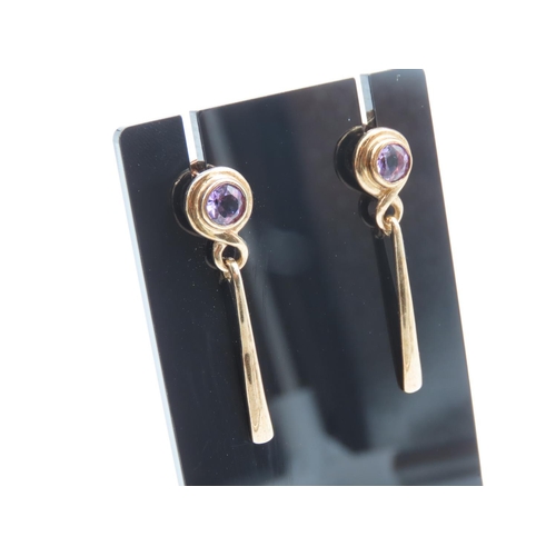 98 - Pair of 9 Carat Yellow Gold Amethyst Set Ladies Drop Earring Each 4cm High