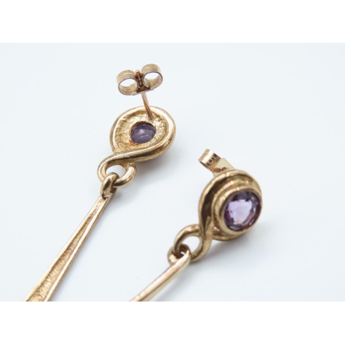 98 - Pair of 9 Carat Yellow Gold Amethyst Set Ladies Drop Earring Each 4cm High