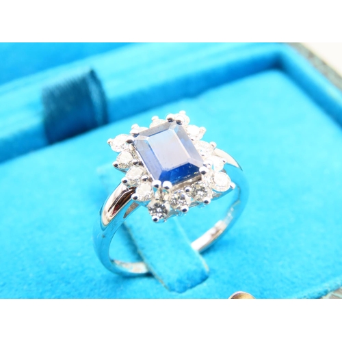 102 - Sapphire and Diamond Ladies Ring Mounted on 18 Carat White Gold Band Emerald Cut Sapphire Ring Size ... 