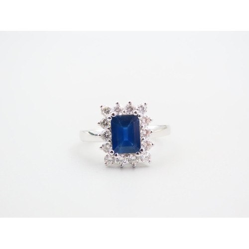 102 - Sapphire and Diamond Ladies Ring Mounted on 18 Carat White Gold Band Emerald Cut Sapphire Ring Size ... 