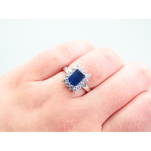 102 - Sapphire and Diamond Ladies Ring Mounted on 18 Carat White Gold Band Emerald Cut Sapphire Ring Size ... 