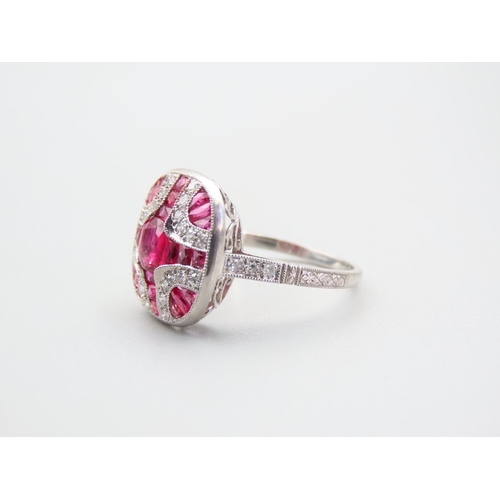 103 - Ruby and Diamond Platinum Set Ladies Panel Ring Mounted on Platinum Band Ring Size N