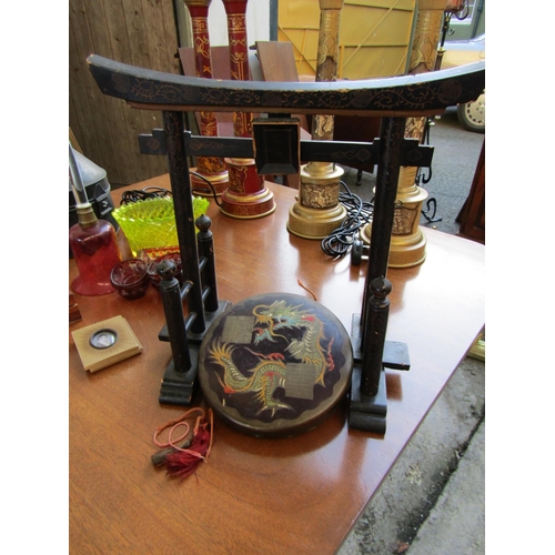 Antique Oriental Table Gong with Freestanding Support Dragon Motif Cloisonne Decoration to Gong Approximately 10 Inches Diameter