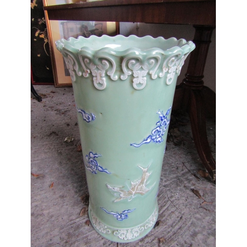 Oriental Porcelain Pale Turquoise Ground Antique Stick and Umbrella Stand Circular Form Approximately 28 Inches High x 9 Inches Diameter Attractively Detailed Fracture to Base
