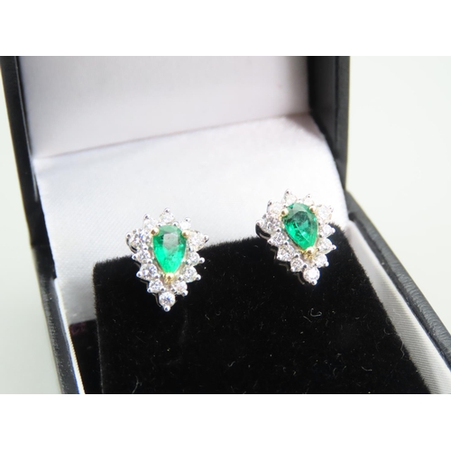 125 - Pair of Emerald and Diamond 18 Carat Yellow Gold Cluster Earrings Each 1.3cm High