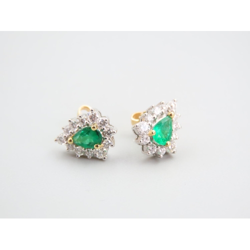 125 - Pair of Emerald and Diamond 18 Carat Yellow Gold Cluster Earrings Each 1.3cm High