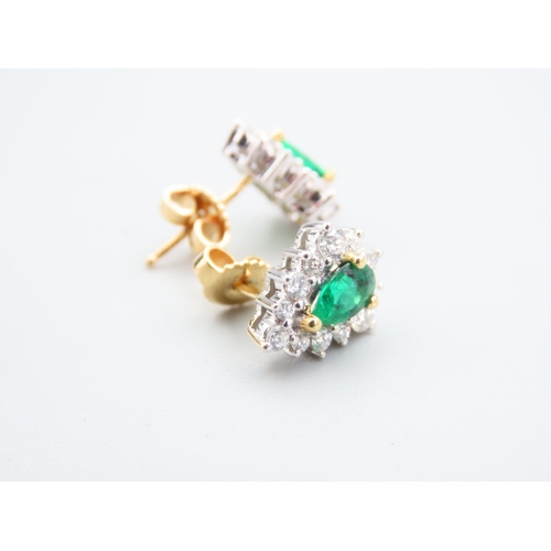 125 - Pair of Emerald and Diamond 18 Carat Yellow Gold Cluster Earrings Each 1.3cm High