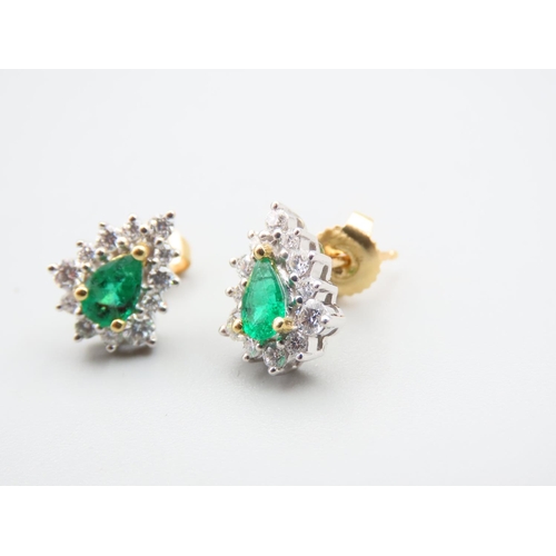 125 - Pair of Emerald and Diamond 18 Carat Yellow Gold Cluster Earrings Each 1.3cm High