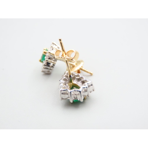 125 - Pair of Emerald and Diamond 18 Carat Yellow Gold Cluster Earrings Each 1.3cm High