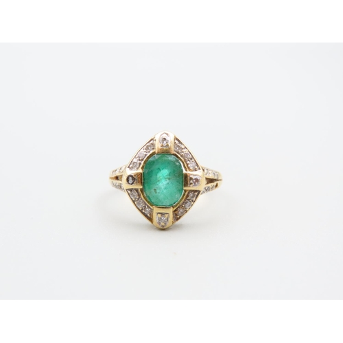 130 - 18 Carat Yellow Gold Emerald and Diamond Cluster Ring with Further Diamond Decorated to Shoulders Ri... 