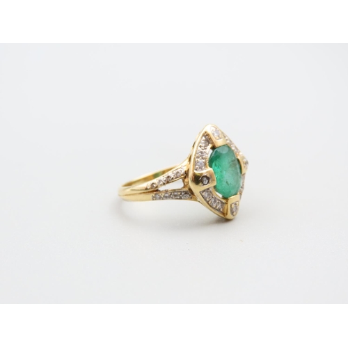 130 - 18 Carat Yellow Gold Emerald and Diamond Cluster Ring with Further Diamond Decorated to Shoulders Ri... 