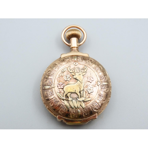 137 - 14 Carat Yellow Gold Full Hunter Pocket Watch with Inset Rose Gold Decoration Incised Embossed Throu... 