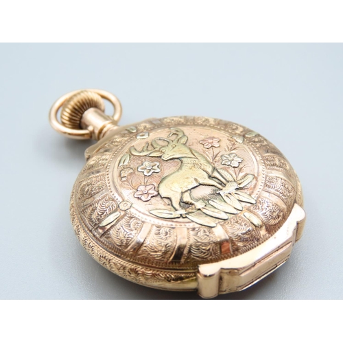 137 - 14 Carat Yellow Gold Full Hunter Pocket Watch with Inset Rose Gold Decoration Incised Embossed Throu... 