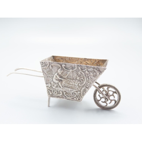 14 - Novelty Antique Silver Wheelbarrow Incised Detailing Throughout Depicting Cherub Fishing Attractivel... 