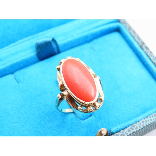 140 - Cabochon Cut Red Coral Ring Mounted on 14 Carat Yellow Gold Band Ring Size O