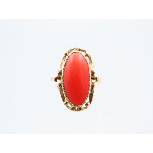 140 - Cabochon Cut Red Coral Ring Mounted on 14 Carat Yellow Gold Band Ring Size O