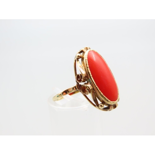 140 - Cabochon Cut Red Coral Ring Mounted on 14 Carat Yellow Gold Band Ring Size O