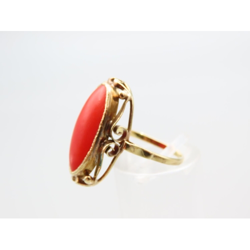 140 - Cabochon Cut Red Coral Ring Mounted on 14 Carat Yellow Gold Band Ring Size O