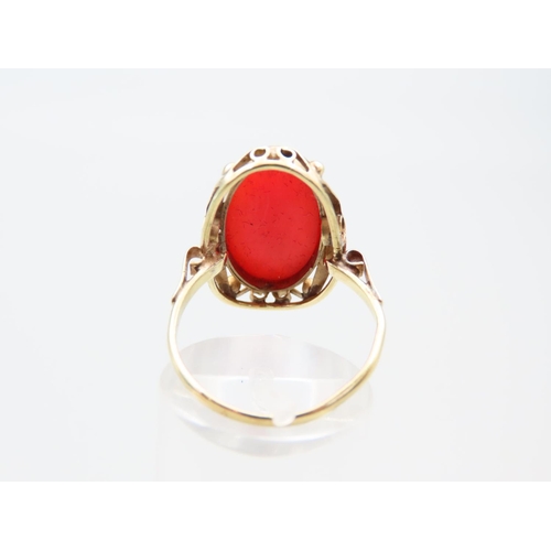 140 - Cabochon Cut Red Coral Ring Mounted on 14 Carat Yellow Gold Band Ring Size O