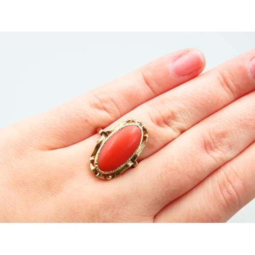 140 - Cabochon Cut Red Coral Ring Mounted on 14 Carat Yellow Gold Band Ring Size O