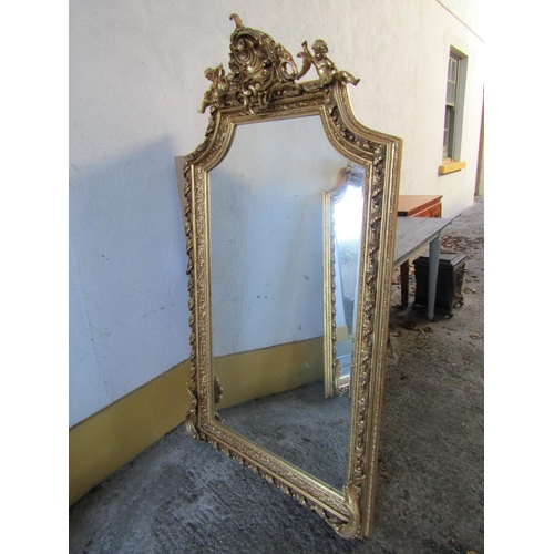 1454 - Matching Large Gilded Rectangular Form Wall Mirror with Upper Cartouche and Cherub Motif Decoration ... 