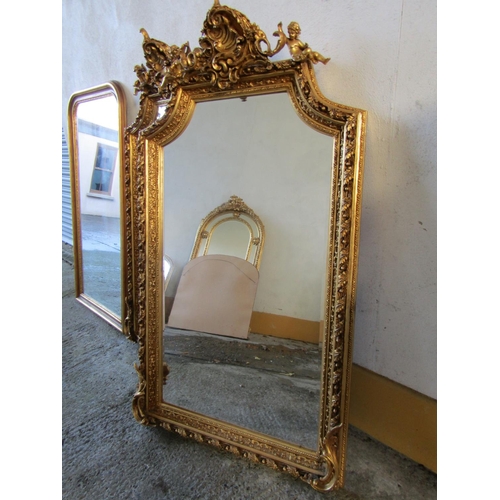 1454 - Matching Large Gilded Rectangular Form Wall Mirror with Upper Cartouche and Cherub Motif Decoration ... 