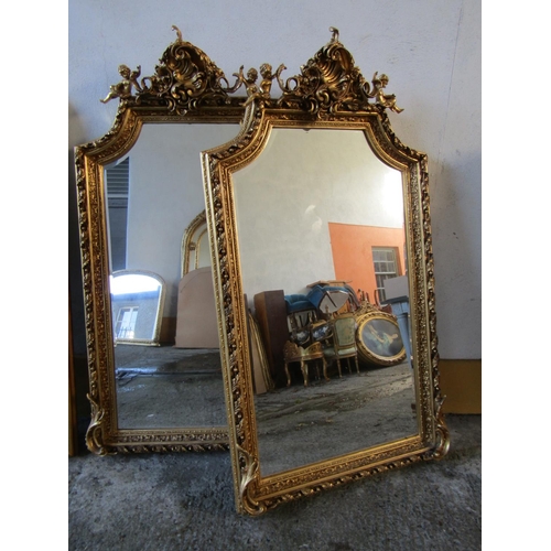 1454 - Matching Large Gilded Rectangular Form Wall Mirror with Upper Cartouche and Cherub Motif Decoration ... 