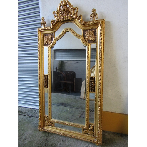 1457 - Large Gilded Rectangular Form Wall Mirror Approximately 6ft 10 Inches High Upper Cartouche and Urn F... 