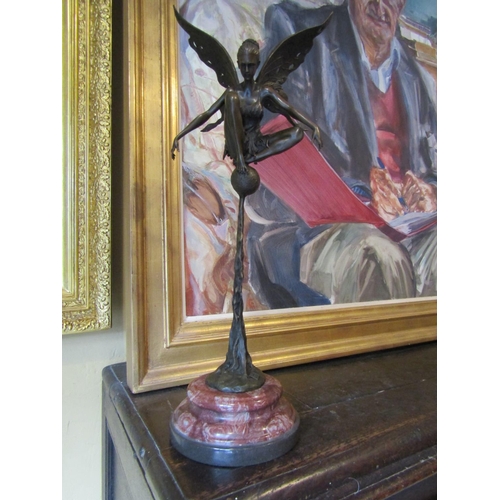 1458 - Bronze Sculpture of Winged Fairy Seated on Globe Mounted on Rouge Marble Stepped Form Base Approxima... 