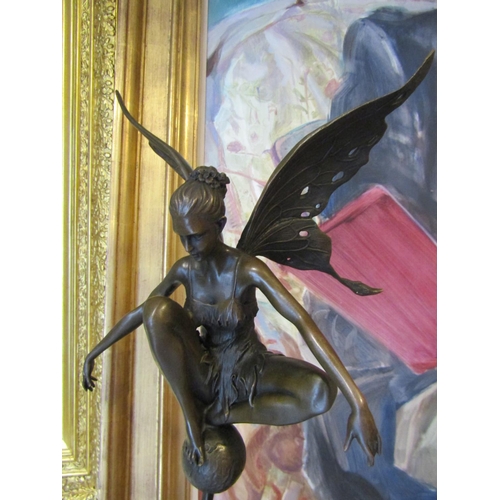 1458 - Bronze Sculpture of Winged Fairy Seated on Globe Mounted on Rouge Marble Stepped Form Base Approxima... 