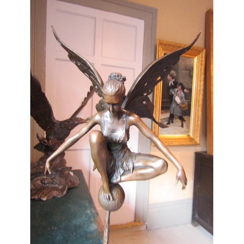 1458 - Bronze Sculpture of Winged Fairy Seated on Globe Mounted on Rouge Marble Stepped Form Base Approxima... 