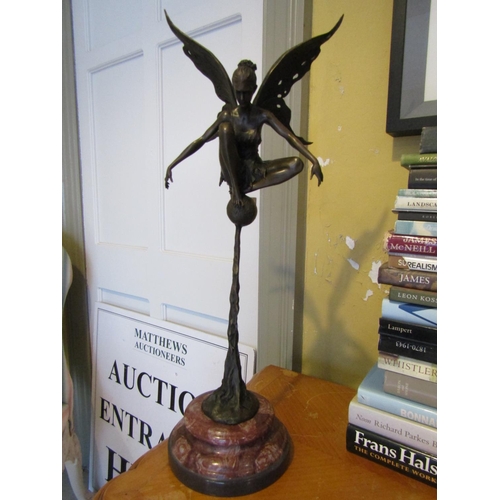 1458 - Bronze Sculpture of Winged Fairy Seated on Globe Mounted on Rouge Marble Stepped Form Base Approxima... 