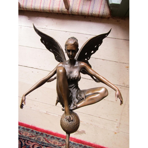 1458 - Bronze Sculpture of Winged Fairy Seated on Globe Mounted on Rouge Marble Stepped Form Base Approxima... 