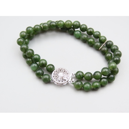 146 - Polished Jade Ladies Twin Strand Bracelet Set with 14 Carat White Gold Clap Attractively Detailed 17... 