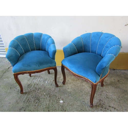 1461 - Pair of Blue Velvet Upholstered Scallop Back Chairs Mahogany Frames Cabriole Supports