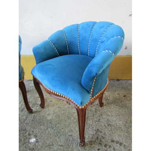 1461 - Pair of Blue Velvet Upholstered Scallop Back Chairs Mahogany Frames Cabriole Supports