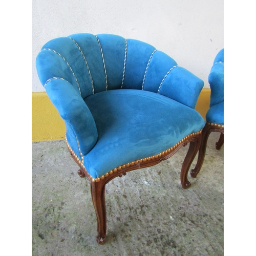 1461 - Pair of Blue Velvet Upholstered Scallop Back Chairs Mahogany Frames Cabriole Supports