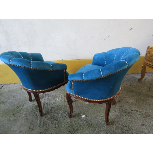 1461 - Pair of Blue Velvet Upholstered Scallop Back Chairs Mahogany Frames Cabriole Supports