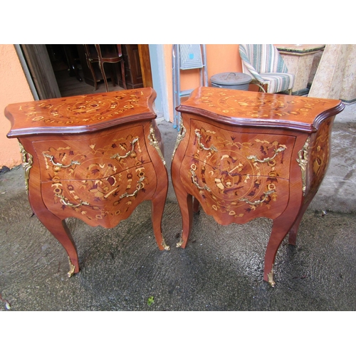 1465 - Pair of Marquetry Decorated Twin Drawer Chests Serpentine Fronts Above Shaped Supports Ormolu Mounte... 