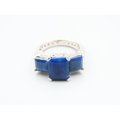 147 - Sapphire and Diamond Three Stone Ring Further Set Diamonds to Shoulders Mounted on 14 Carat White Go... 