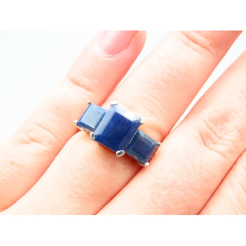 147 - Sapphire and Diamond Three Stone Ring Further Set Diamonds to Shoulders Mounted on 14 Carat White Go... 