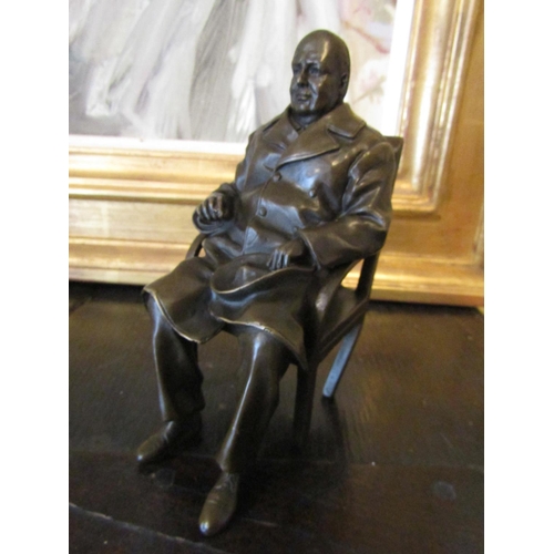 1470 - Bronze Sculpture Winston Churchill Seated with Crombie Overcoat Signed Pilet Verso Approximately 7 I... 