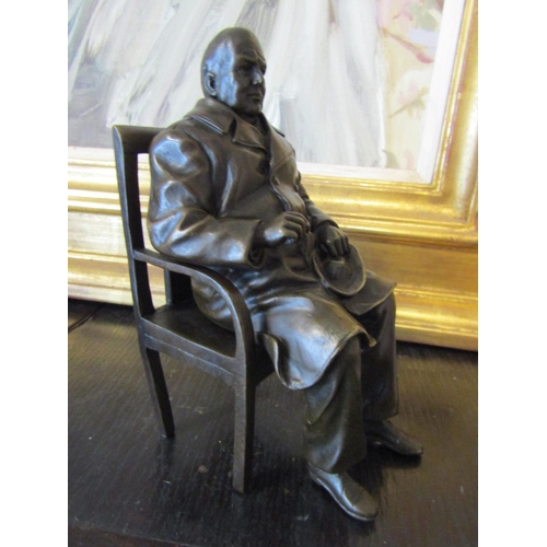 1470 - Bronze Sculpture Winston Churchill Seated with Crombie Overcoat Signed Pilet Verso Approximately 7 I... 