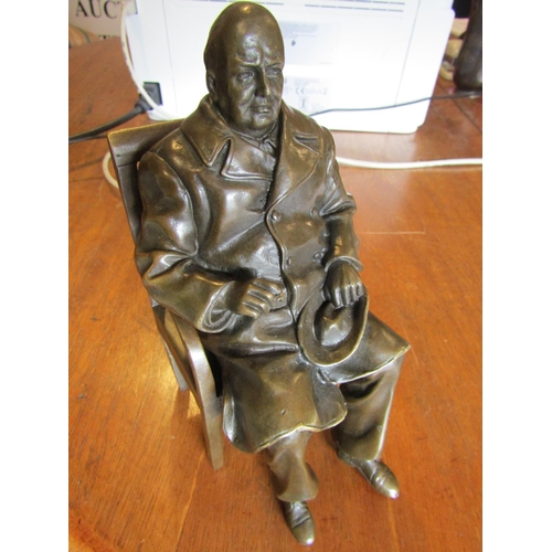 1470 - Bronze Sculpture Winston Churchill Seated with Crombie Overcoat Signed Pilet Verso Approximately 7 I... 