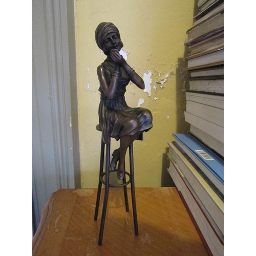 1472 - Bronze Sculpture Seated Art Deco Lady Applying Lipstick Approximately 9 Inches High