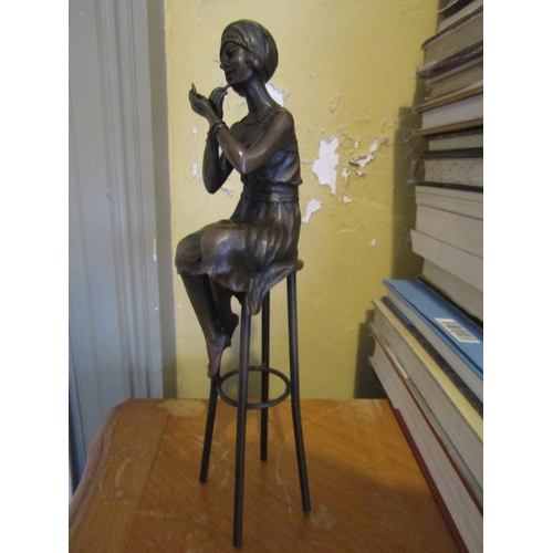 1472 - Bronze Sculpture Seated Art Deco Lady Applying Lipstick Approximately 9 Inches High