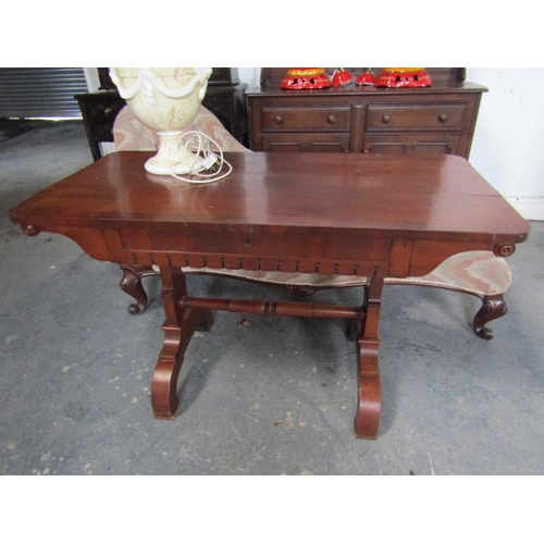 William IV Rosewood Library Table Crossband Decoration to Top Single Long Drawer to Frieze above Shaped End Supports Approximately 4ft 6 Inches Wide x 31 Inches High